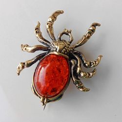Spider Insect Brooch Pin Gold Tone Red Amber Jewelry Dress Jacket Brooch Lapel Pin for Her Women Men Beetle Brooch