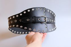 Genuine leather corset belt with eyelets. Wide leather belt for women. Handmade