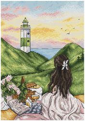 Picnic in the mountains - cross stitch pattern with lighthouse