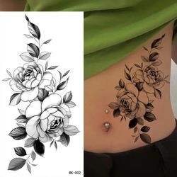 Large Black Flower Pattern Fake Tattoo Sticker for Women - Dot Rose & Peony Temporary Water Transfer Tattoos DIY
