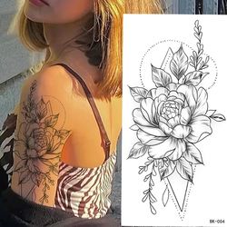 DIY Large Black Flower Pattern Fake Tattoo Sticker for Women - DIY Dot Rose & Peony Temporary Water Transfer Tattoos