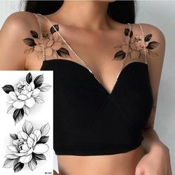 Large DIY Black Flower Pattern Fake Tattoo Sticker for Women - DIY Dot Rose & Peony Temporary Water Transfer Tattoos