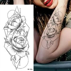Large Black DIY Flower Pattern Fake Tattoo Sticker for Women - DIY Dot Rose & Peony Temporary Water Transfer Tattoos