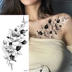 Large Black Flower DIY Pattern Fake Tattoo Sticker for Women - DIY Dot Rose & Peony Temporary Water Transfer Tattoos