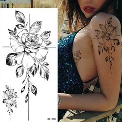 Large Black Flower Pattern DIY Fake Tattoo Sticker for Women - DIY Dot Rose & Peony Temporary Water Transfer Tattoos
