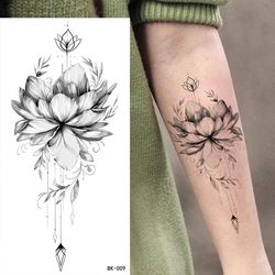 Large Black Flower Pattern Fake DIY Tattoo Sticker for Women - DIY Dot Rose & Peony Temporary Water Transfer Tattoos