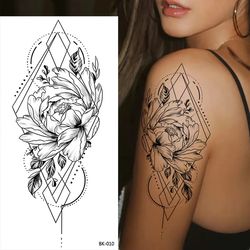 Large Black Flower Pattern Fake Tattoo DIY Sticker for Women - DIY Dot Rose & Peony Temporary Water Transfer Tattoos