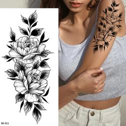 Large Black Flower Pattern Fake Tattoo Sticker DIY for Women - DIY Dot Rose & Peony Temporary Water Transfer Tattoos