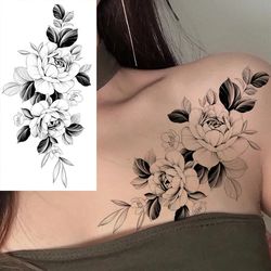 Large Black Flower Pattern Fake Tattoo Sticker for Women - Dot Rose DIY & Peony Temporary Water Transfer Tattoos