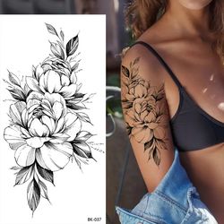 Black Flower Pattern Sticker,Women's Large Temporary Tattoos, Fashionable Fake Tattoo Sticker,