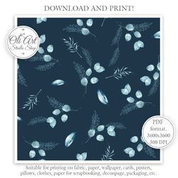 Blue Leaves. Winter Leaves. Seamless Pattern for Graphic Design, Digital Download, Scrapbooking and Crafting Projects