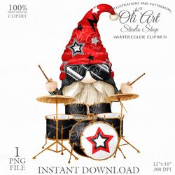 Gnome Drummer, Drum set. Gnome Images. Gnomes Graphics. Cute Gnome PNG. Gnome Digital Download. Digital Illustration