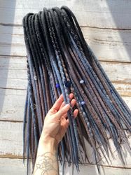 Black to blue jeans and gray ombre wool Double Ended Dreads , Ready to ship