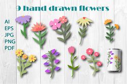 Collection of 9 vector flowers.