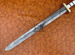 Custom Handmade Damascus steel Double Edge Hunting Sword With Leather Sheath, Birthday Gift, Christmas Gift