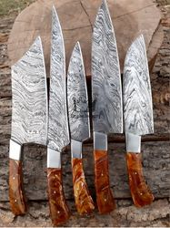 Handmade Damascus Steel Kitchen Knives Set With Sheath Indoor/Outdoor Kitchen