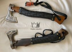 Set Of 2 Custom Handmade High Carbon Steel Viking Valhalla Axe With Sheath - Hunting Axe By Empire Industry
