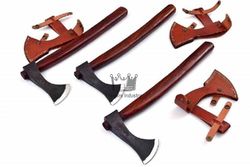 Set Of 3 Handmade High Carbon Steel Ragnar Viking Valhalla Axe With Sheath - VIKING HATCHET By Empire Industry