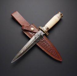 16'' Handmade Damascus Steel Double Edge HUNTING Dagger, Fixed Blade With Sheath - Sword Shop By Empire Industry