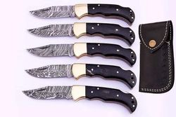 SET OF 5 Handmade Damascus Steel Folding Knives, Pocket Knife Fixed Blade With Sheath Outdoor Camping By Empire Industry