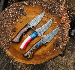 Set Of 3 Handmade Damascus Steel Hunting Fixed Blade Survival Knife With Sheath, Sword Buy Combat Knife Gift For Him