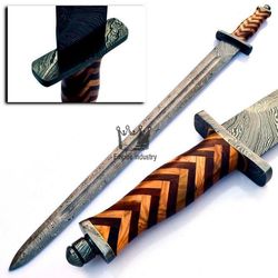 handmade damascus steel double edge hunting sword 32 inch sword survival sword viking sword with leather sheath