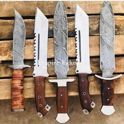Set Of 5 Handmade Steel & Damascus Hunting Knives With Sheath Survival Knives