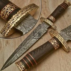 Feather Pattern Handmade Damascus Steel Hunting Dagger With Leather Sheath Fixed Blade Camping Knife Hunting Bowie