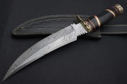 Handmade Damascus Steel Hunting Bowie Knife With Leather Sheath Fixed Blade Camping Knife Hunting Bowie Survival Knife