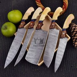 Hand FORGED Damascus Steel Full Tang Kitchen Knives Set Chef Knives Set Camping Tools Outdoor Hunting With Leather Roll
