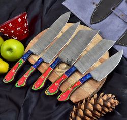 FORGED Damascus Steel Full Tang Kitchen Knives Set Chef Knives Set Camping Tools Outdoor Hunting With Leather Roll