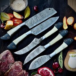 Hand FORGED Damascus Steel Full Tang Chef Knives Set Chef Knives Set Camping Tools Outdoor Hunting With Leather Roll