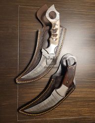 Set Of 2 Handmade Damascus Steel Full Tang Hunting Karambit Knives With Sheath Fixed Blade Gift Survival Knife