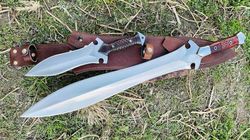set of 2 hand forged high carbon steel hunting sword & hunting dagger with sheath fixed blade gift survival knife