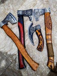 Set Of 4 Hand Forged High Carbon Steel Hunting Axe Pizza Axe Throwing Axe With Sheath Fixed Blade Gift Survival Knife