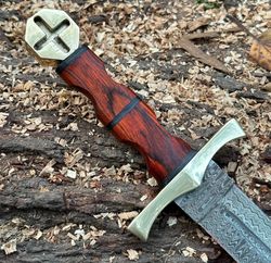 Handmade Damascus Steel Hunting 18 Inch Long Dagger With Leather Sheath Fixed Blade Camping Knife Hunting Bowie