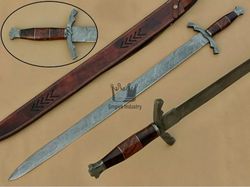 34 Inch Empire Custom Handmade Damascus Steel Viking Sword Fixed Blade Hunting Sword Straight Edge Wood Handle