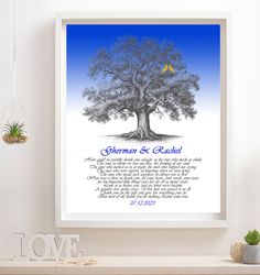 Beautiful Unique Family tree with lovebirds.Thank you Wedding Gift Parents Gift. A great gift for weddings