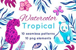 Watercolor tropical animals and plants Png ,Seamless Prints.