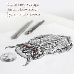 Owl Tattoo Designs Black And Grey Owl Tattoo Sketch Owl And Moon Tattoo Ideas, Instant download JPG, PNG