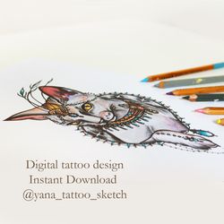 Bastet Tattoo Design Bastet Goddess Sketch Egyptian Cat Tattoo Design Idea, Instant download JPG, PNG