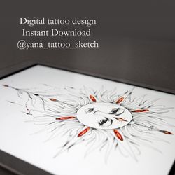Sun Tattoo Designs Sketch Fine Line Sun Tattoo Idea For Females, Instant download JPG, PDF, PNG