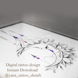 Moon Tattoo Designs Crescent Moon Face Tattoo Ideas Sketch, Instant download JPG, PNG