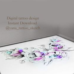 Peonies Tattoo Design Fine Line Peony Flower Tattoo Drawing Idea, Instant download JPG, PNG