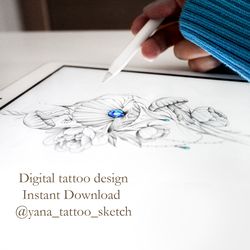 Ocean Tattoo Designs For Ladies Seashell Tattoo Idea Fine Line Jellyfish Tattoo Drawing With Flowers, JPG, PDF, PNG