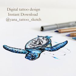 Sea Turtle Tattoo Designs For Females Sea Turtle Tattoo Idea Sea Animal Tattoo Sketch. Instant download JPG, PNG