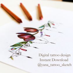 Flower Bracelet Tattoo Design On Wrist Color Floral Bracelet Tattoo Idea Drawing. Instant download JPG, PNG