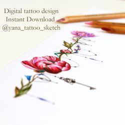 Flower Bracelet Tattoo Design On Wrist Floral Bracelet Tattoo Idea Drawing Color. Instant download JPG, PNG