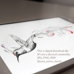 Hummingbird Tattoo Design For Females Hummingbird Tattoo Idea Drawing Sketch, Instant download JPG, PDF, PNG