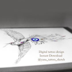 Evil Eye Tattoo Design Greek Evil Eye And Phoenix Tattoo Ideas Drawing, Instant download PDF, JPG, PNG